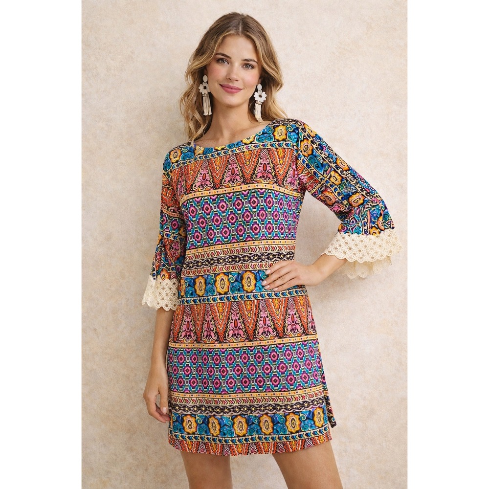 V1 Judith March Womens Multi Geometric Paisley Bell Sleeve Crochet Lace Dress M